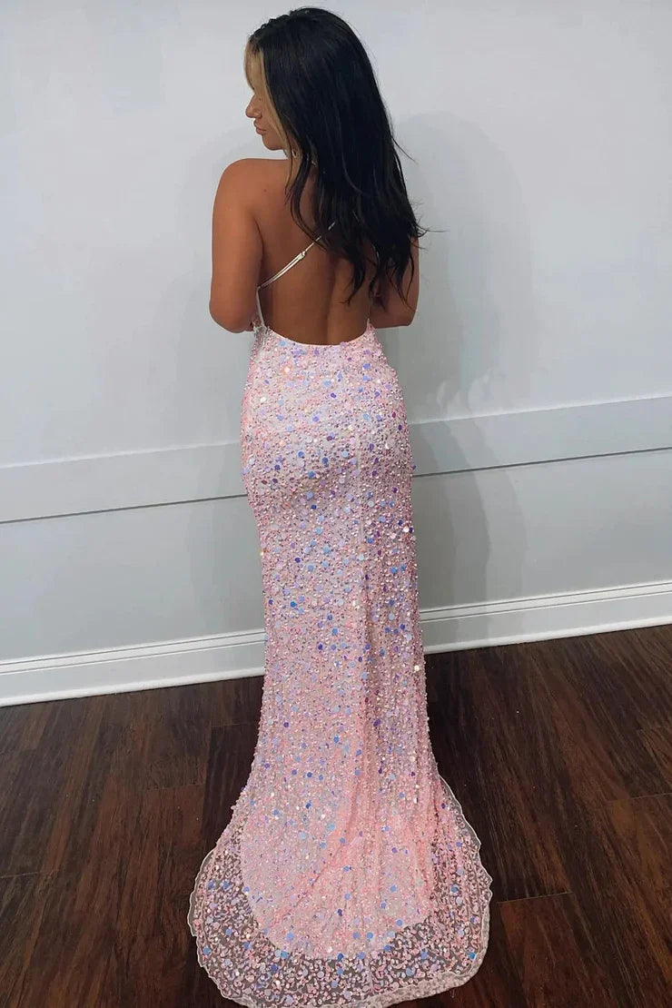 Dress Cute Sparkly Mermaid V Neck Pink Sequins Prom Dresses