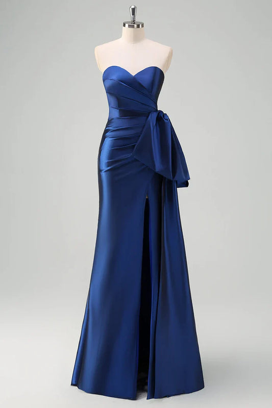 Dress Dark Blue Strapless Pleated Party Dress Maxi Dress Sleeveless With Draped Bow Accent Prom Dress