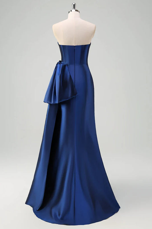 Dress Dark Blue Strapless Pleated Party Dress Maxi Dress Sleeveless With Draped Bow Accent Prom Dress
