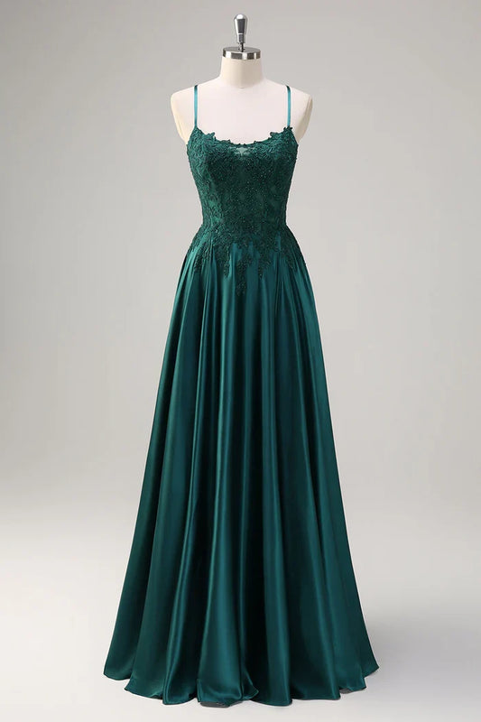 Dress Dark Green A-Line Spaghetti Straps Satin Beaded Maxi Dress Sleeveless With Appliques Prom Dress