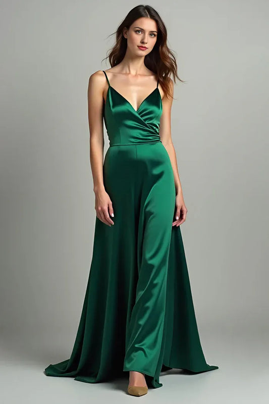 Dress Dark Green A Line Satin Spaghetti Straps Prom Dress With Lace Up
