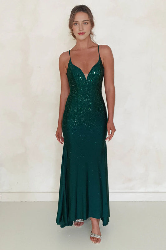 Dress Dark Green Bodycon Gown Plunging V Neck Spaghetti Straps Mermaid Crisscross Back Prom Dress