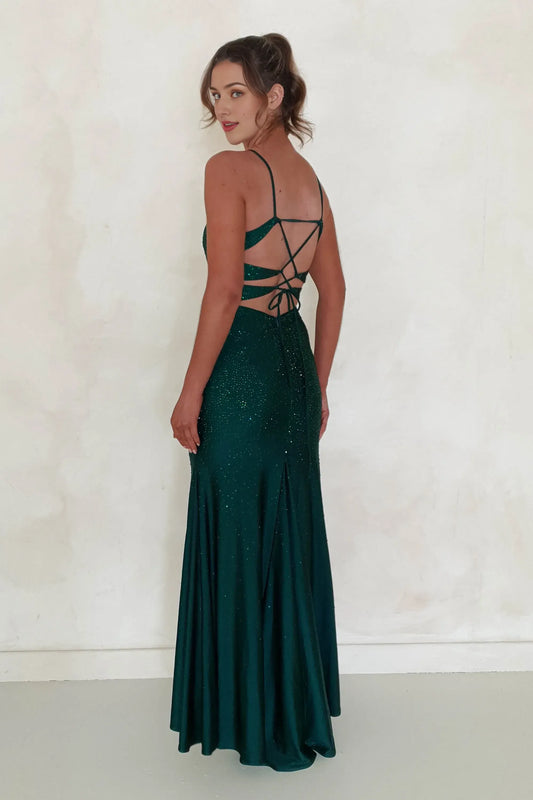 Dress Dark Green Bodycon Gown Plunging V Neck Spaghetti Straps Mermaid Crisscross Back Prom Dress