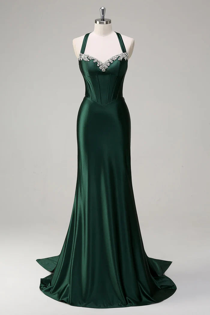 Dress Dark Green Floral Mermaid Corset Satin Maxi Dress Prom Dress Sleeveless Sweep Brush Train Evening Dress