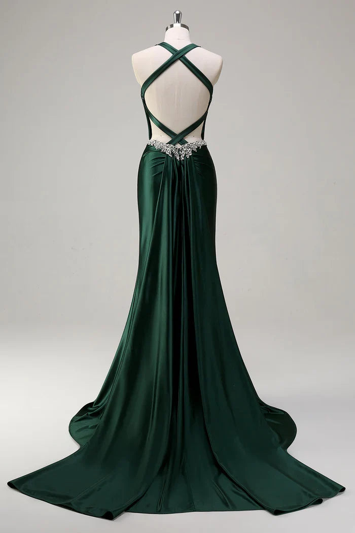 Dress Dark Green Floral Mermaid Corset Satin Maxi Dress Prom Dress Sleeveless Sweep Brush Train Evening Dress