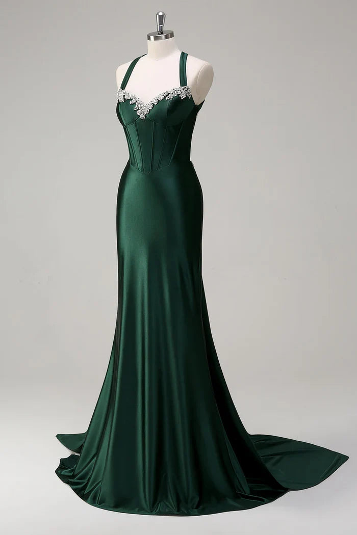Dress Dark Green Floral Mermaid Corset Satin Maxi Dress Prom Dress Sleeveless Sweep Brush Train Evening Dress
