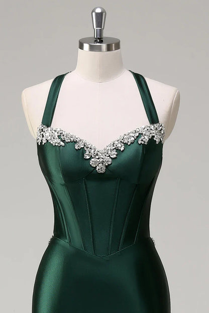 Dress Dark Green Floral Mermaid Corset Satin Maxi Dress Prom Dress Sleeveless Sweep Brush Train Evening Dress