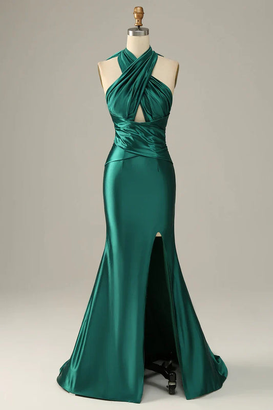 Dress Dark Green Halter Lace Up Mermaid Maxi Dress Prom Dress Sleeveless Slit Satin Party Dress