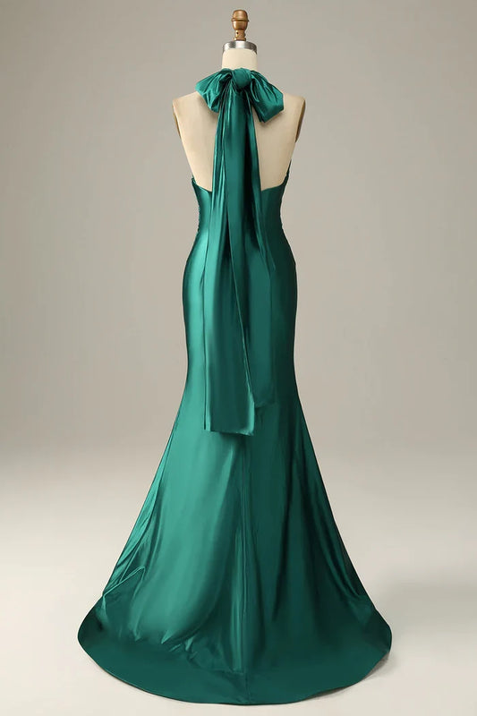 Dress Dark Green Halter Lace Up Mermaid Maxi Dress Prom Dress Sleeveless Slit Satin Party Dress