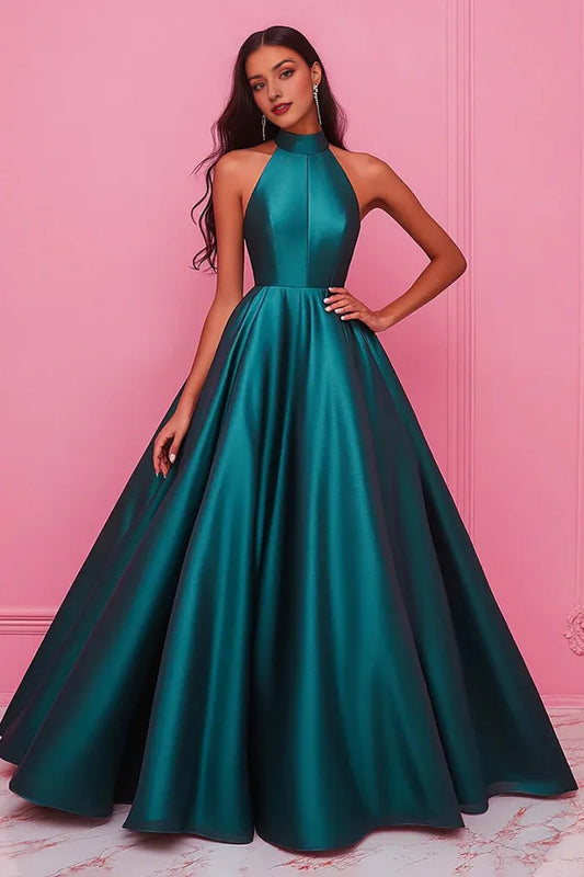Dress Dark Green High Neck A-Line Sleeveless Satin Prom Dress With Lace Up