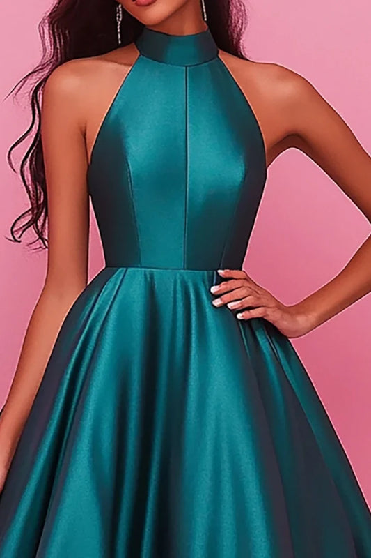 Dress Dark Green High Neck A-Line Sleeveless Satin Prom Dress With Lace Up