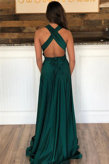 Dress Dark Green Long A-Line Halter Open Back Prom Dress With Slit