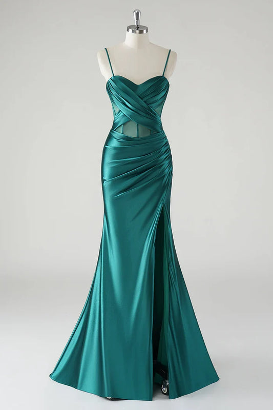 Dress Dark Green Mermaid Satin Spaghetti Straps Maxi Dress Prom Dress With Slit Evening Dress