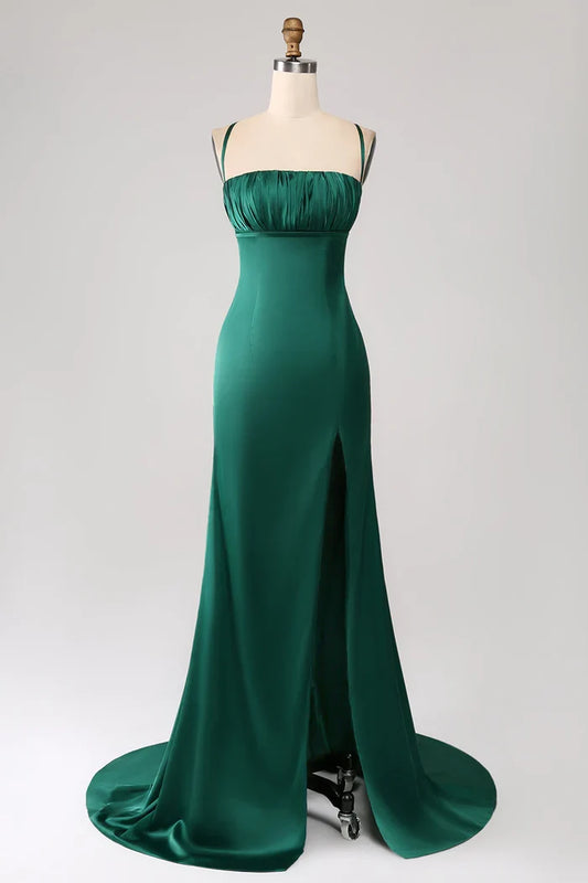 Dress Dark Green Mermaid Spaghetti Straps Satin Party Dress Maxi Dress With Pleated Prom Dress