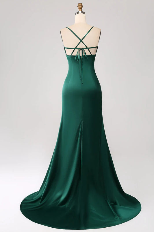 Dress Dark Green Mermaid Spaghetti Straps Satin Party Dress Maxi Dress With Pleated Prom Dress
