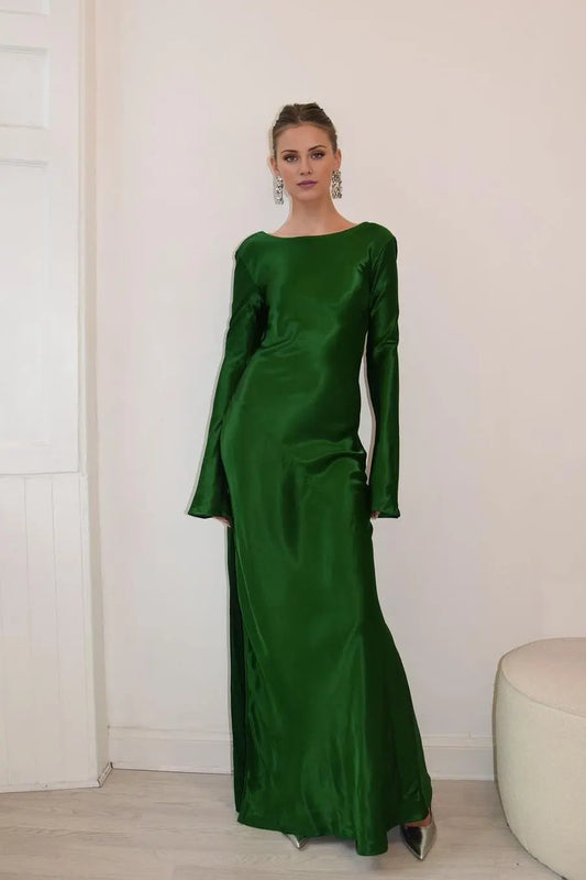 Dress Dark Green Satin Jewel Neck Maxi Dress Long Sleeves Backless Party Dress with Split Prom Dress