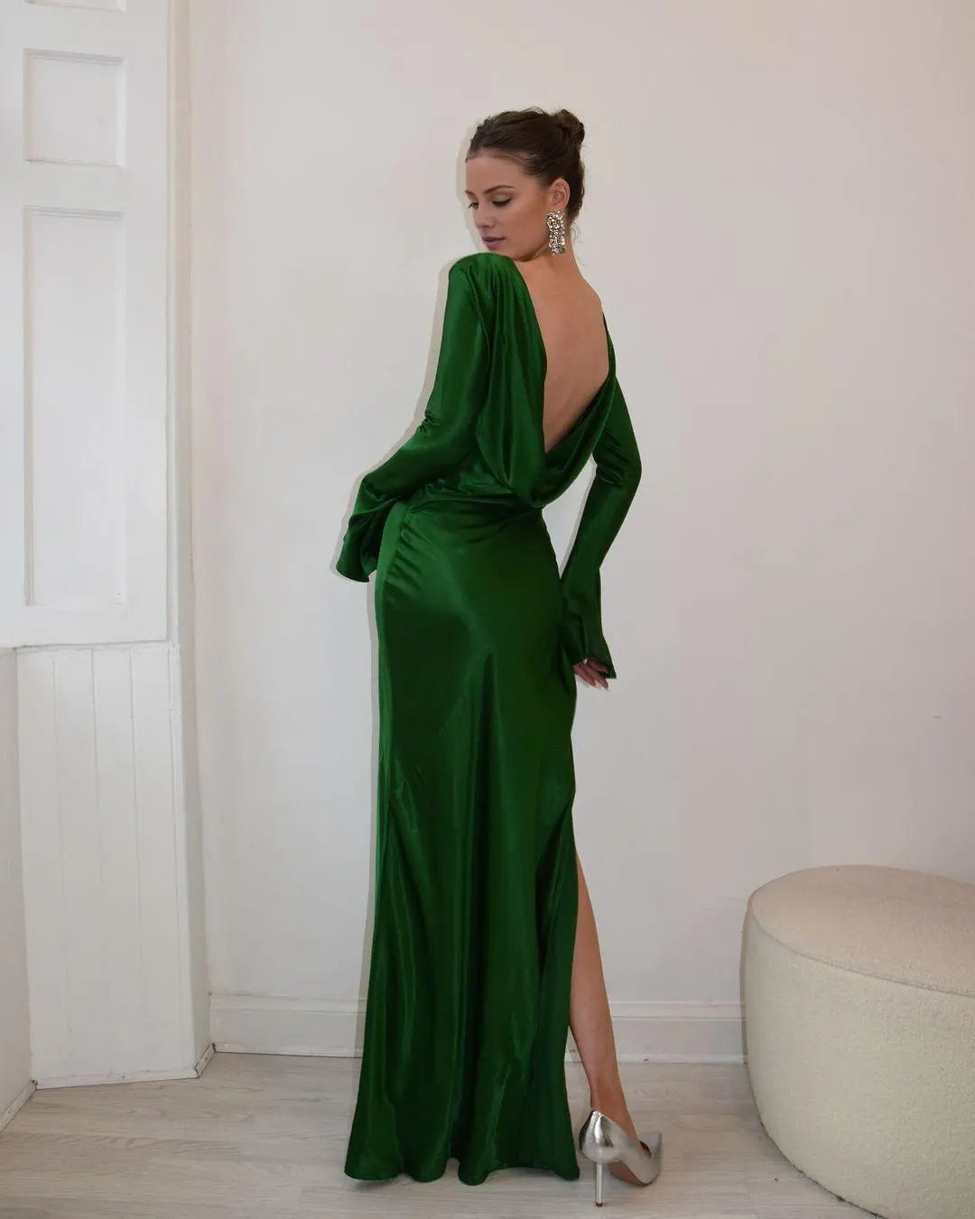 Dress Dark Green Satin Jewel Neck Maxi Dress Long Sleeves Backless Party Dress with Split Prom Dress