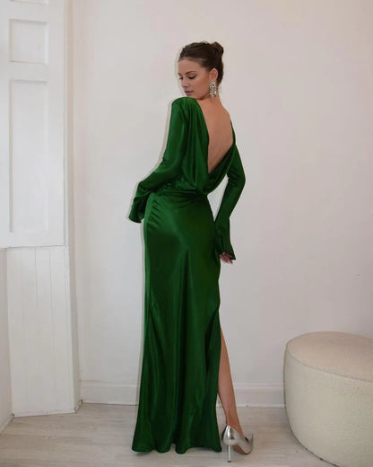 Dress Dark Green Satin Jewel Neck Maxi Dress Long Sleeves Backless Party Dress with Split Prom Dress