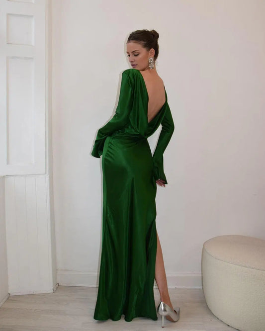 Dress Dark Green Satin Jewel Neck Maxi Dress Long Sleeves Backless Party Dress with Split Prom Dress
