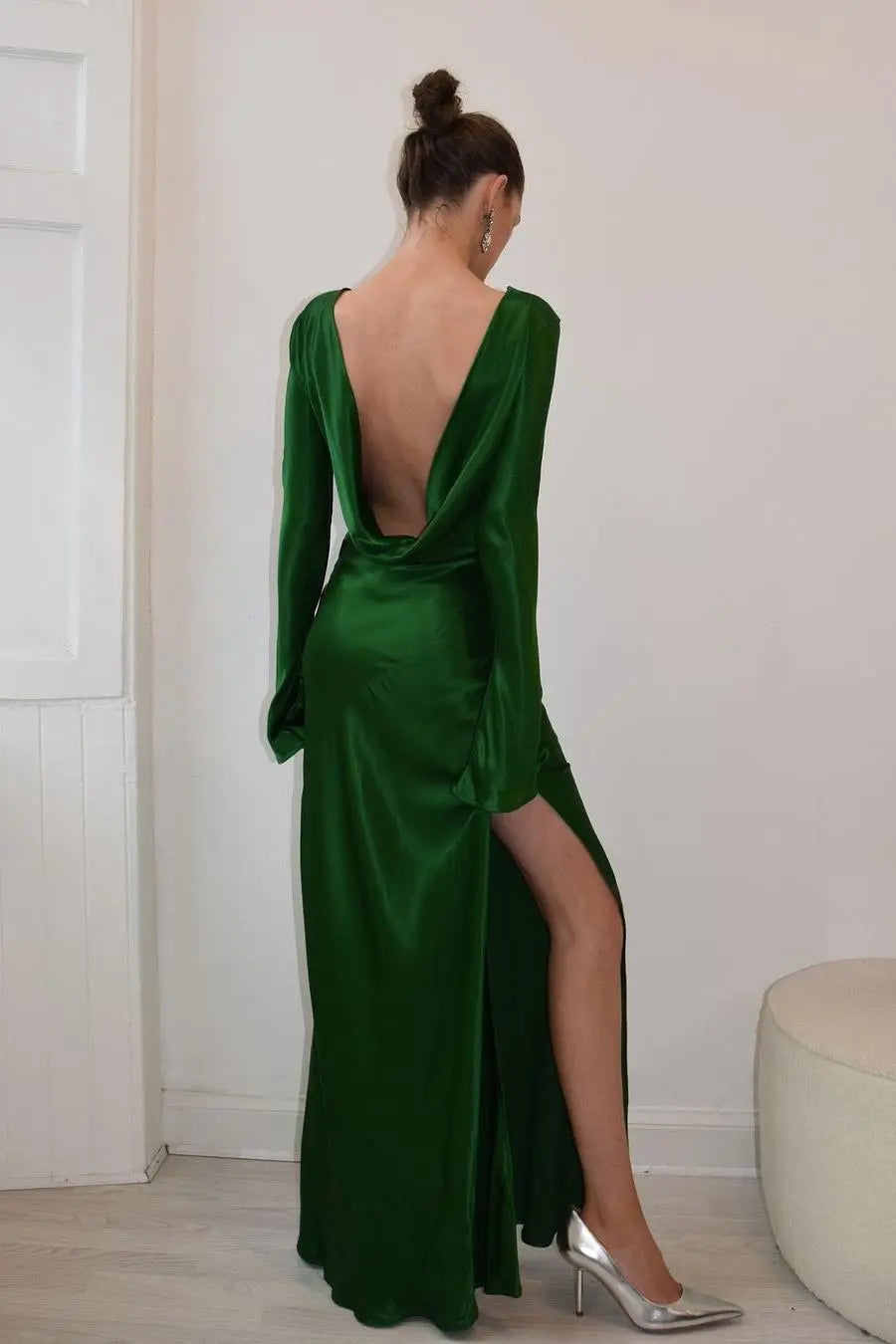 Dress Dark Green Satin Jewel Neck Maxi Dress Long Sleeves Backless Party Dress with Split Prom Dress
