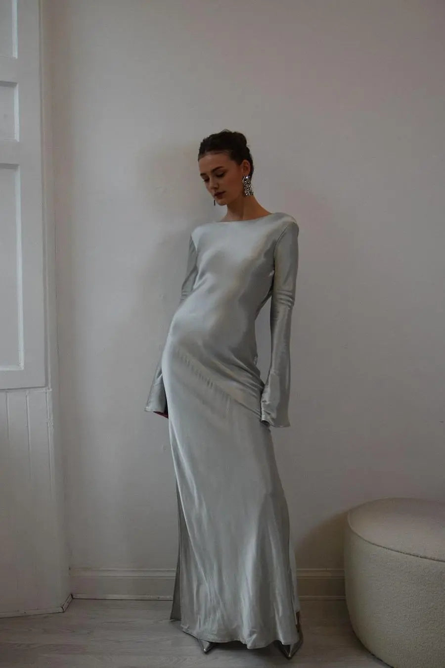 Dress Dark Green Satin Jewel Neck Maxi Dress Long Sleeves Backless Party Dress with Split Prom Dress