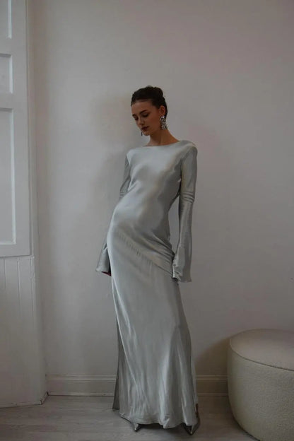 Dress Dark Green Satin Jewel Neck Maxi Dress Long Sleeves Backless Party Dress with Split Prom Dress