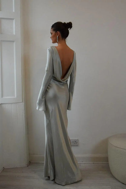 Dress Dark Green Satin Jewel Neck Maxi Dress Long Sleeves Backless Party Dress with Split Prom Dress