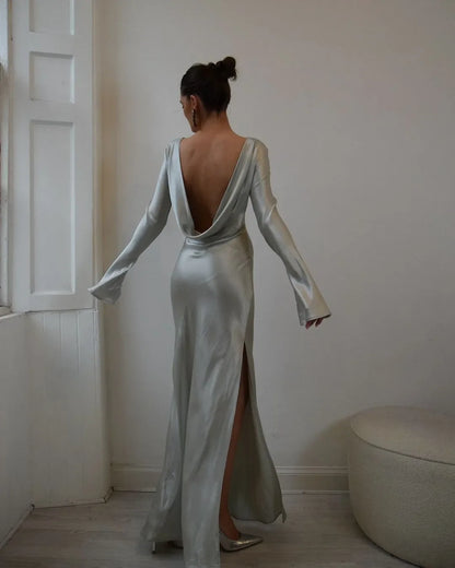 Dress Dark Green Satin Jewel Neck Maxi Dress Long Sleeves Backless Party Dress with Split Prom Dress