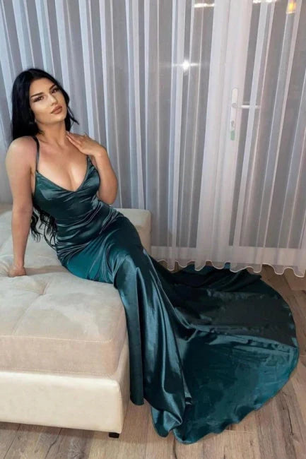 Dress Dark Green Simple V-neck Long Mermaid Prom Dresses