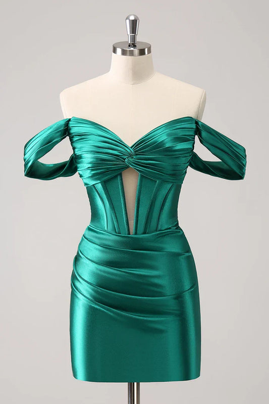 Dress Dark Green Tight Off the Shoulder Corset Satin Homecoming Dress Pleats Sleeveless Bow Party Dress