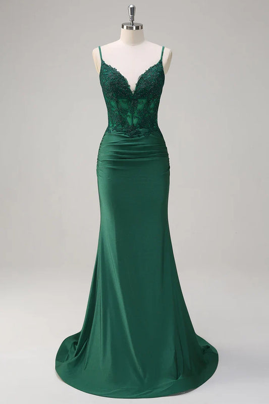 Dress Dark Green V-Neck Mermaid Applique Spaghetti Straps Maxi Dress Prom Dress Sweep Brush Train Evening Dress