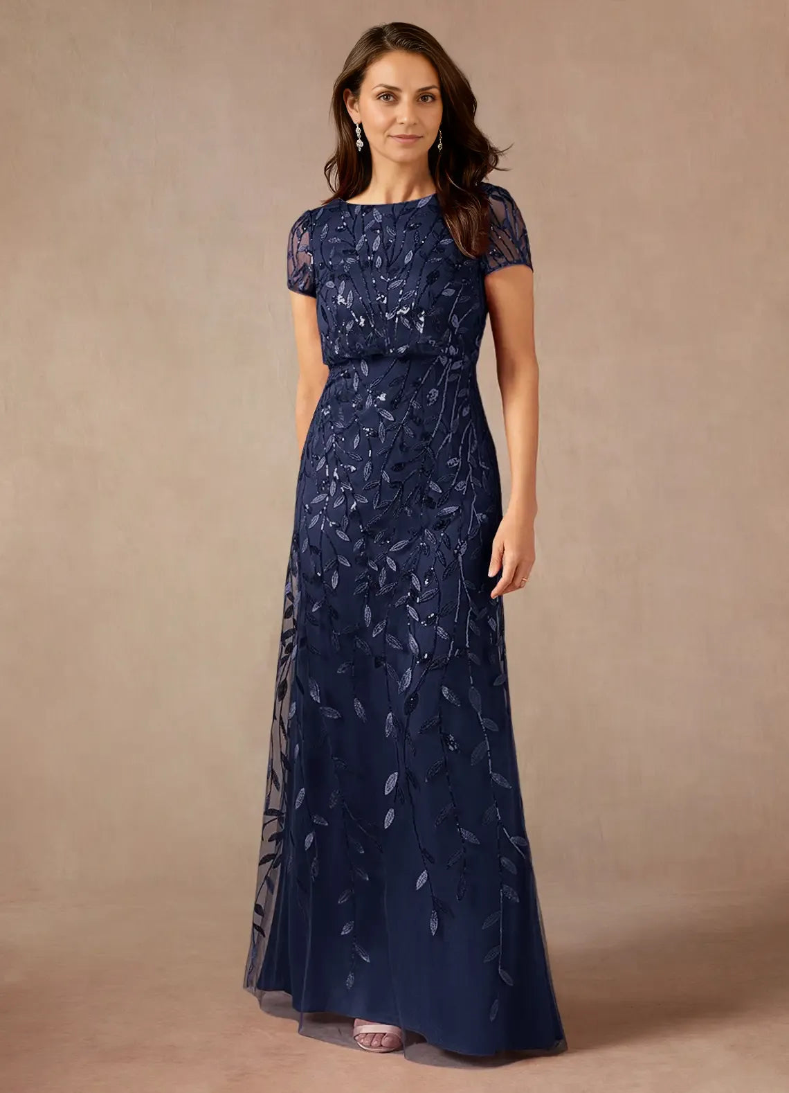 Dress Dark Navy A-Line Sequins Maxi Dress Elegant Boat Neck Short Sleeves Back Zip Mother of the Bride Dress