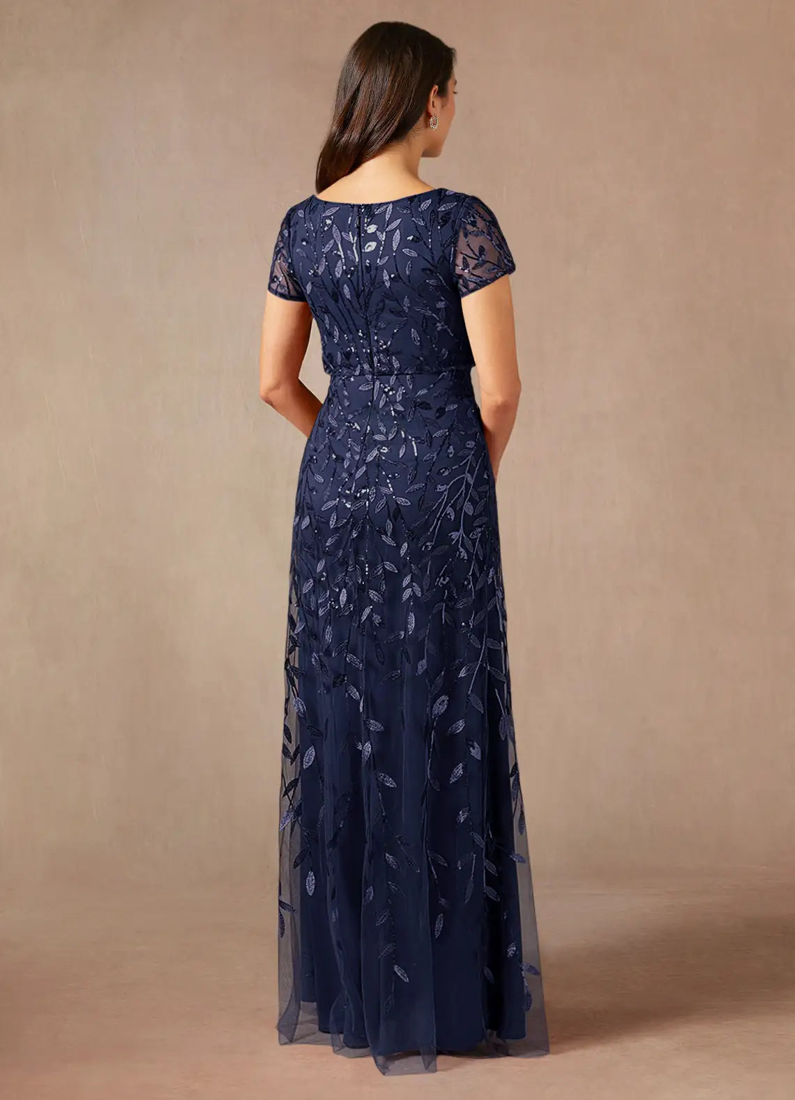 Dress Dark Navy A-Line Sequins Maxi Dress Elegant Boat Neck Short Sleeves Back Zip Mother of the Bride Dress