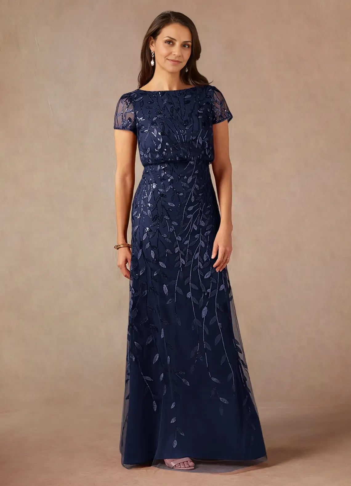 Dress Dark Navy A-Line Sequins Maxi Dress Elegant Boat Neck Short Sleeves Back Zip Mother of the Bride Dress