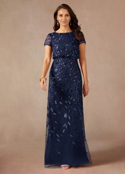 Dress Dark Navy A-Line Sequins Maxi Dress Elegant Boat Neck Short Sleeves Back Zip Mother of the Bride Dress