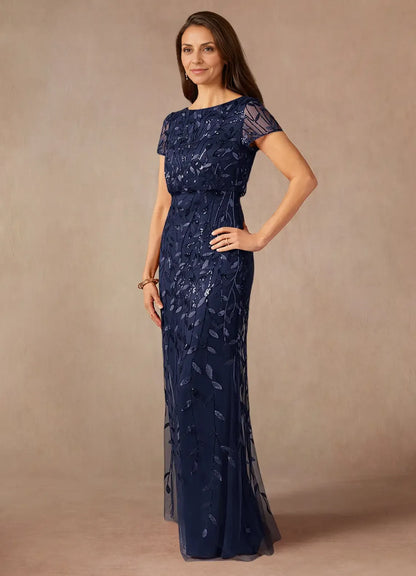 Dress Dark Navy A-Line Sequins Maxi Dress Elegant Boat Neck Short Sleeves Back Zip Mother of the Bride Dress
