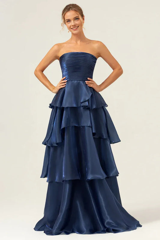 Dress Dark Navy A Line Strapless Tiered Satin Prom Dress Maxi Dress Sleeveless Pleated Party Dress