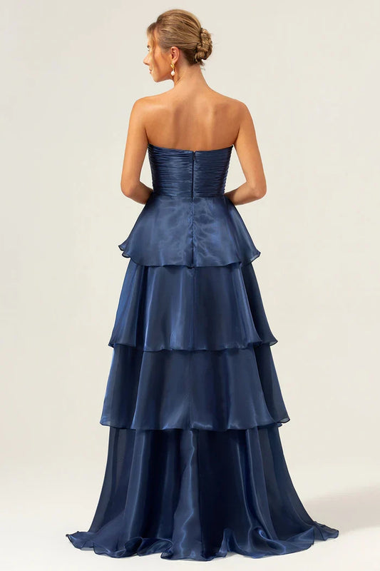 Dress Dark Navy A Line Strapless Tiered Satin Prom Dress Maxi Dress Sleeveless Pleated Party Dress