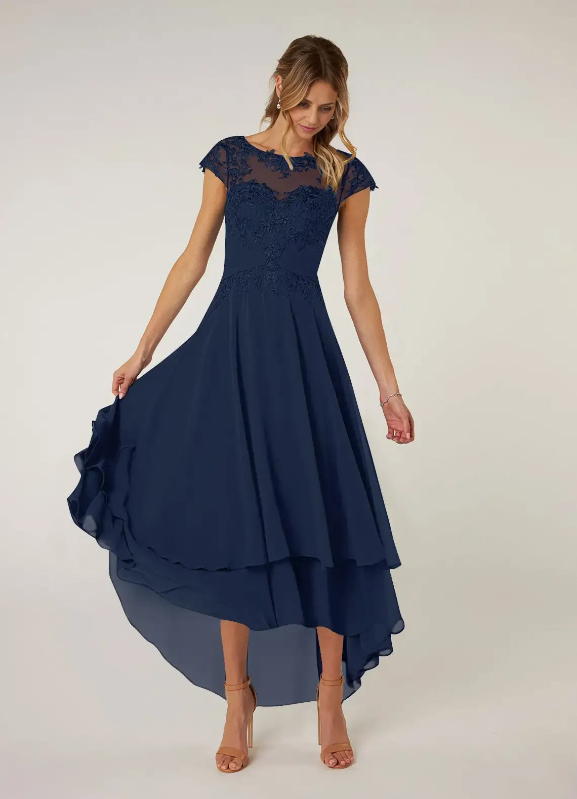 Dress Dark Navy Lace A-Line Pleated Chiffon Maxi Dress Classic Cap Sleeves Back Zip Mother of the Bride Dress