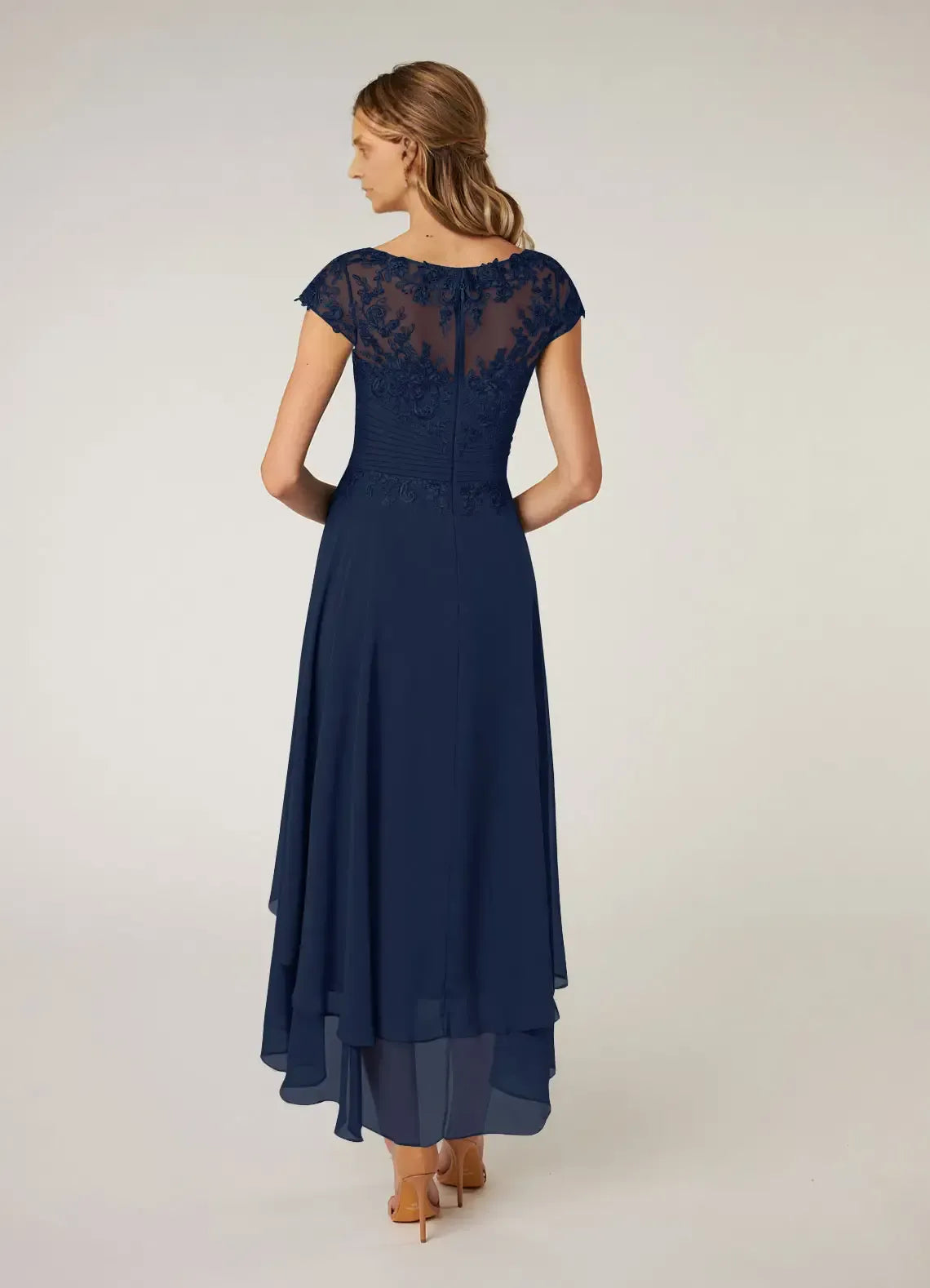 Dress Dark Navy Lace A-Line Pleated Chiffon Maxi Dress Classic Cap Sleeves Back Zip Mother of the Bride Dress