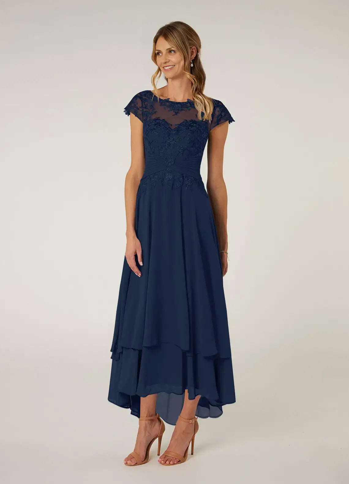 Dress Dark Navy Lace A-Line Pleated Chiffon Maxi Dress Classic Cap Sleeves Back Zip Mother of the Bride Dress