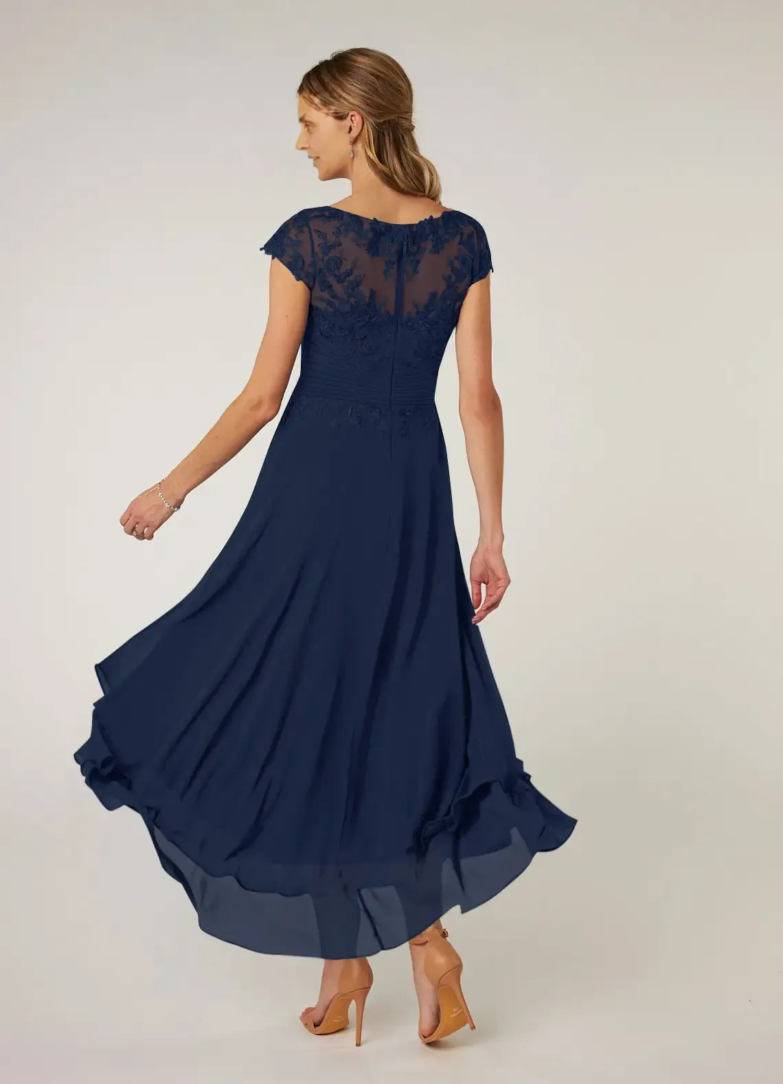 Dress Dark Navy Lace A-Line Pleated Chiffon Maxi Dress Classic Cap Sleeves Back Zip Mother of the Bride Dress