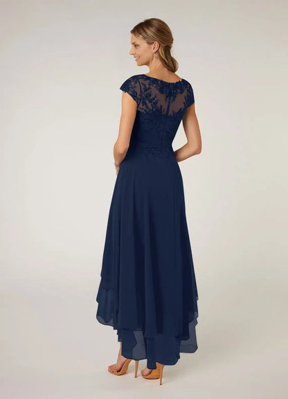 Dress Dark Navy Lace A-Line Pleated Chiffon Maxi Dress Classic Cap Sleeves Back Zip Mother of the Bride Dress