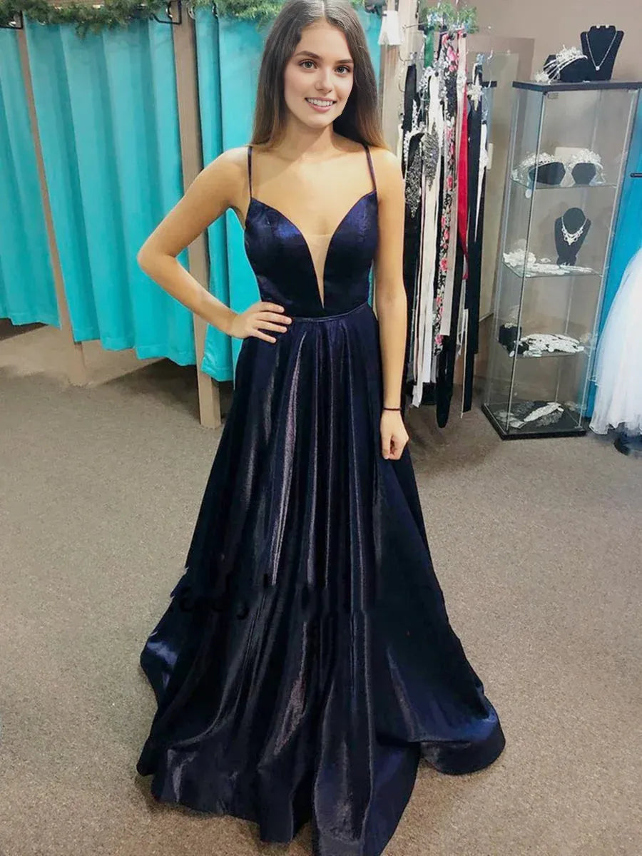 Dress Dark Navy Long A-line V-neck Satin Open Back Formal Graduation Prom Dresses