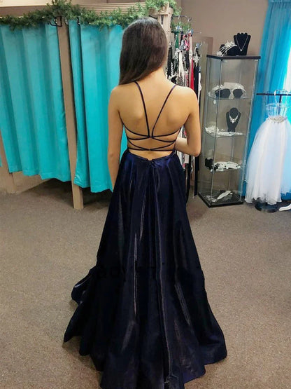 Dress Dark Navy Long A-line V-neck Satin Open Back Formal Graduation Prom Dresses