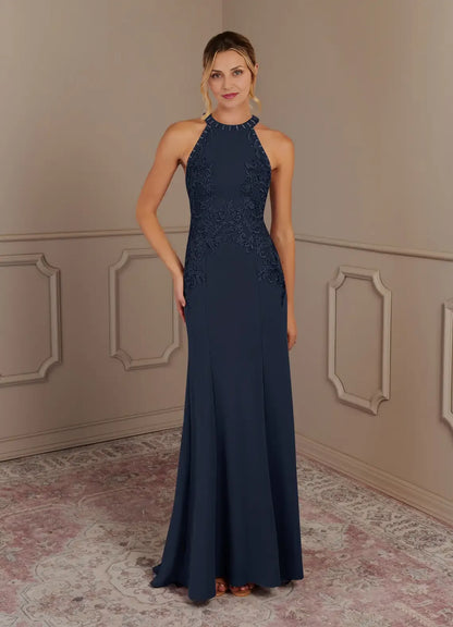 Dress Dark Navy Mermaid Halter Lace Maxi Dress Classic Sleeveless Back Zip Mother of the Bride Dress