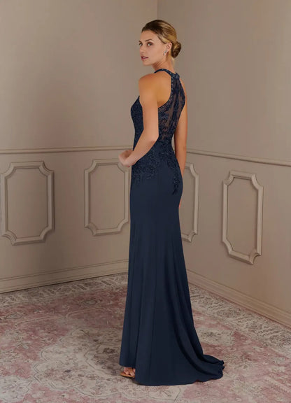 Dress Dark Navy Mermaid Halter Lace Maxi Dress Classic Sleeveless Back Zip Mother of the Bride Dress