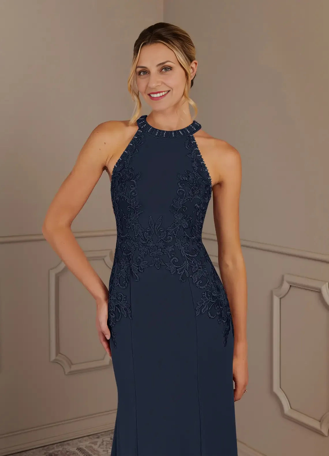 Dress Dark Navy Mermaid Halter Lace Maxi Dress Classic Sleeveless Back Zip Mother of the Bride Dress