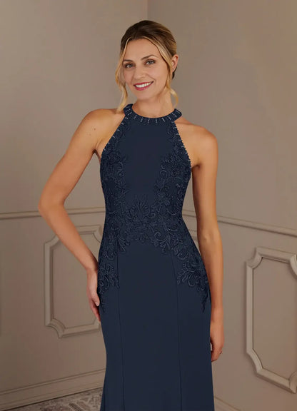 Dress Dark Navy Mermaid Halter Lace Maxi Dress Classic Sleeveless Back Zip Mother of the Bride Dress