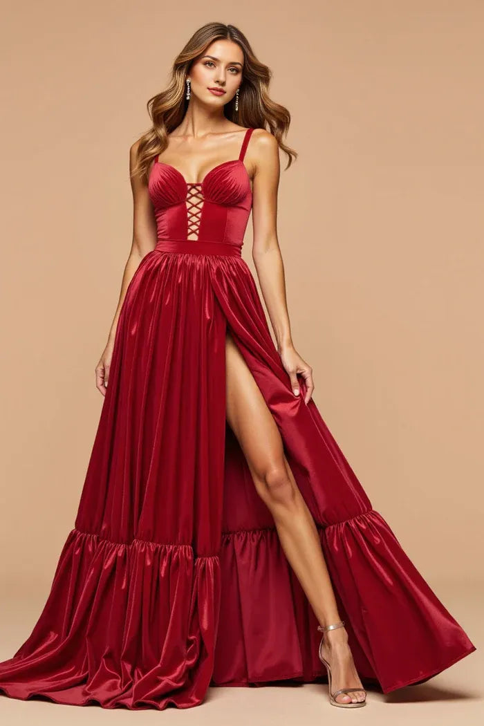 Dress Dark Red A Line Cut Out Pleated Satin Sleeveless Prom Dress With Backless